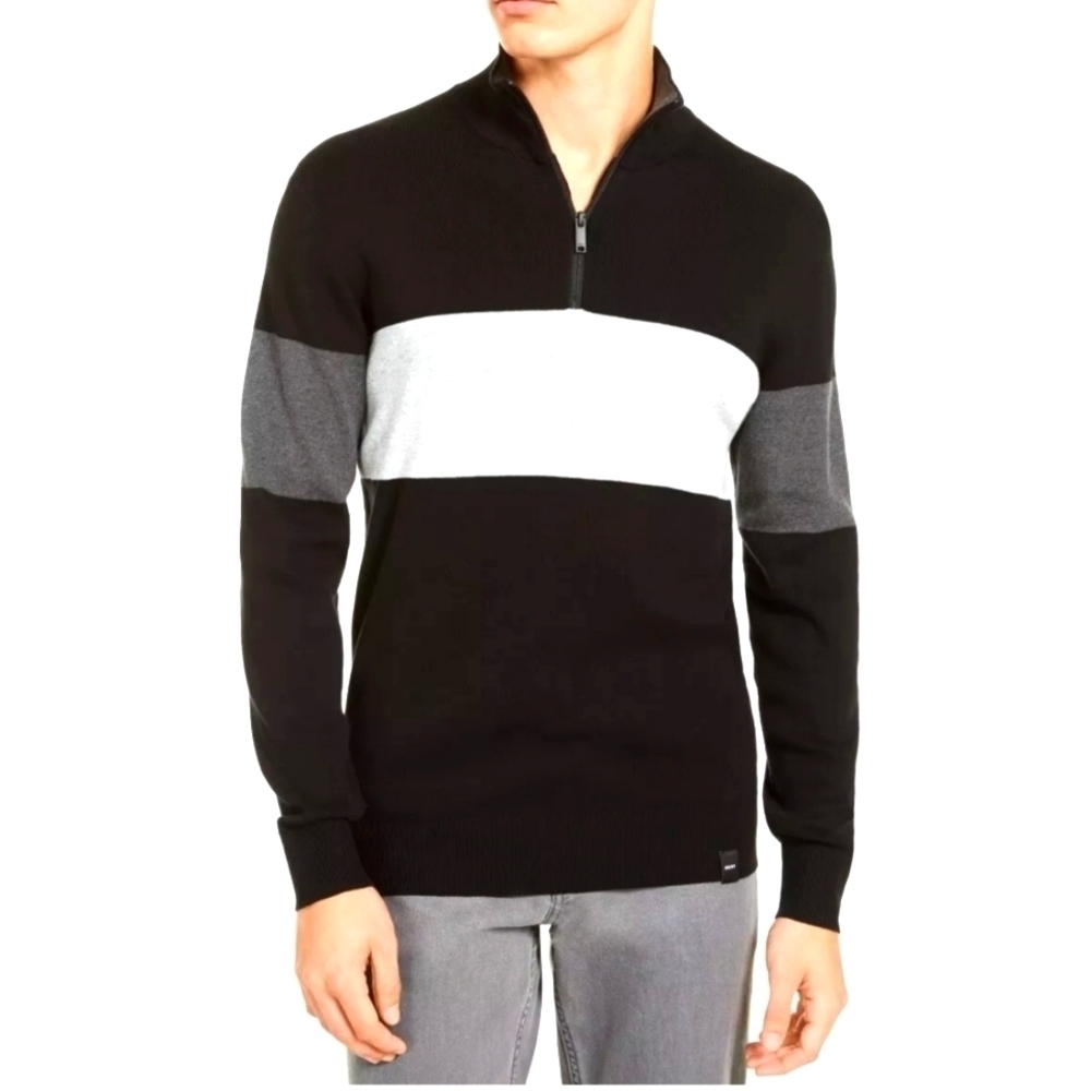 DKNY Mens Black Gray Mock Neck Sweater Zip Up Pullover Sz L Donna Karan New York
